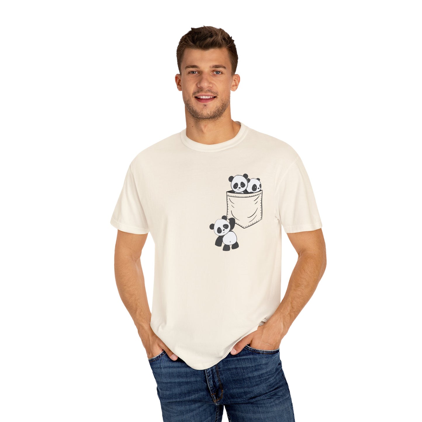 cute pandas sitting in pocket Unisex Garment-Dyed T-shirt