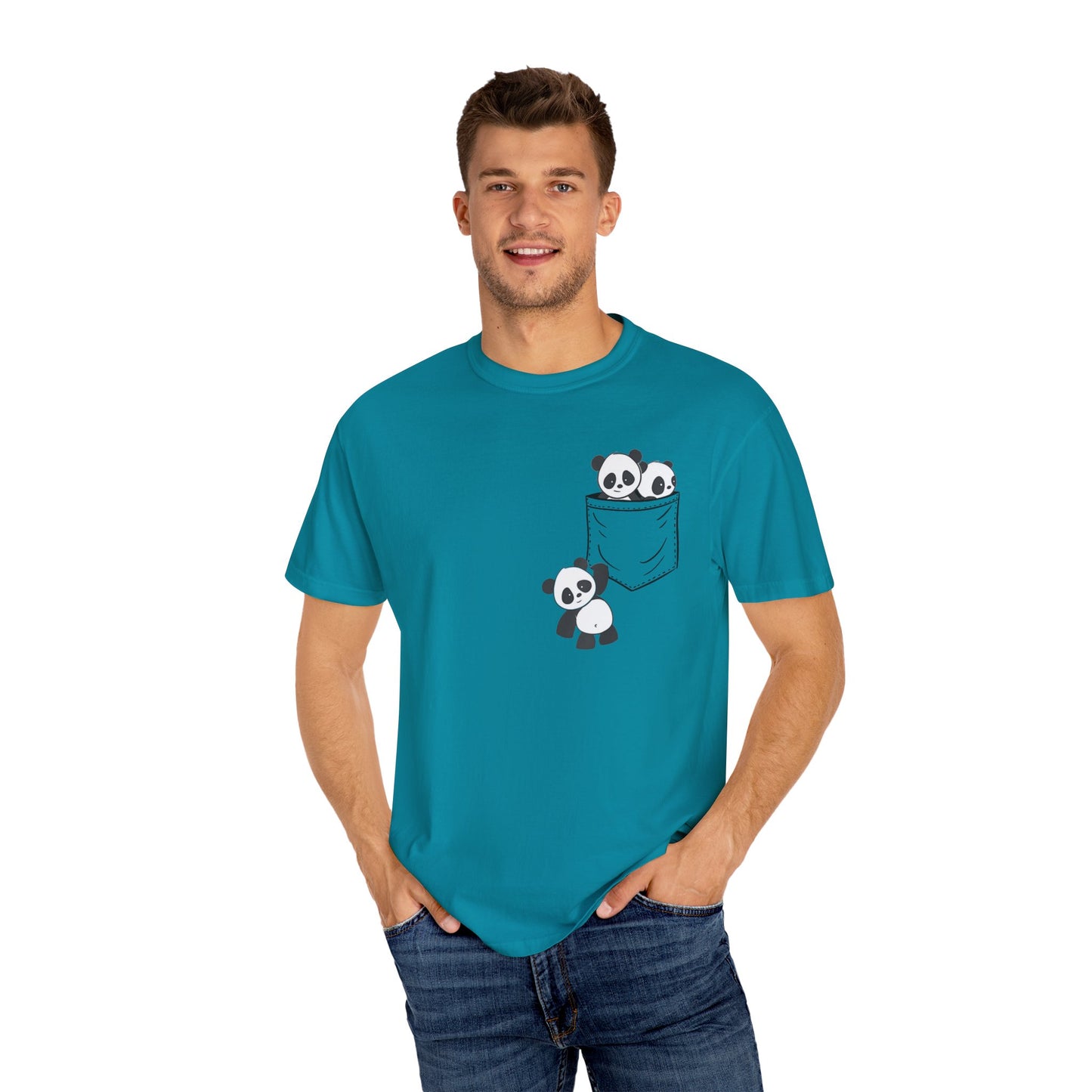 cute pandas sitting in pocket Unisex Garment-Dyed T-shirt